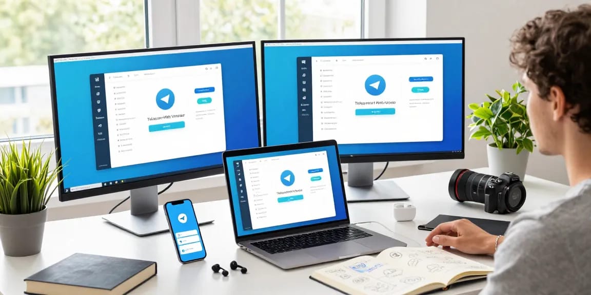Engaging workspace showcasing the Telegram Web Version on a laptop, promoting digital communication.