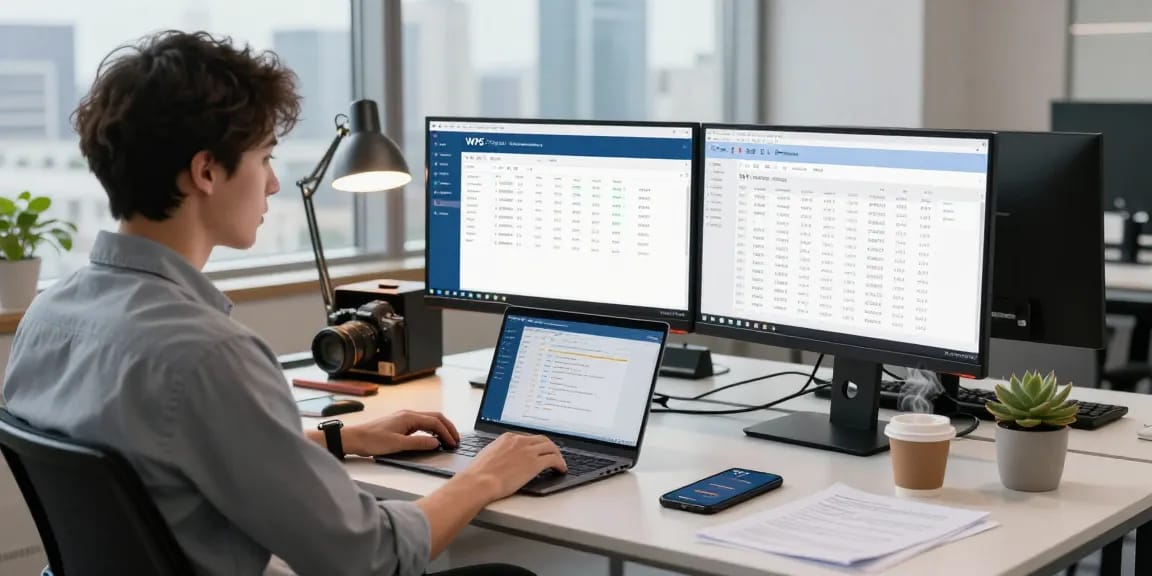 WPS Download in a digital workspace featuring an organized desk with productivity tools.