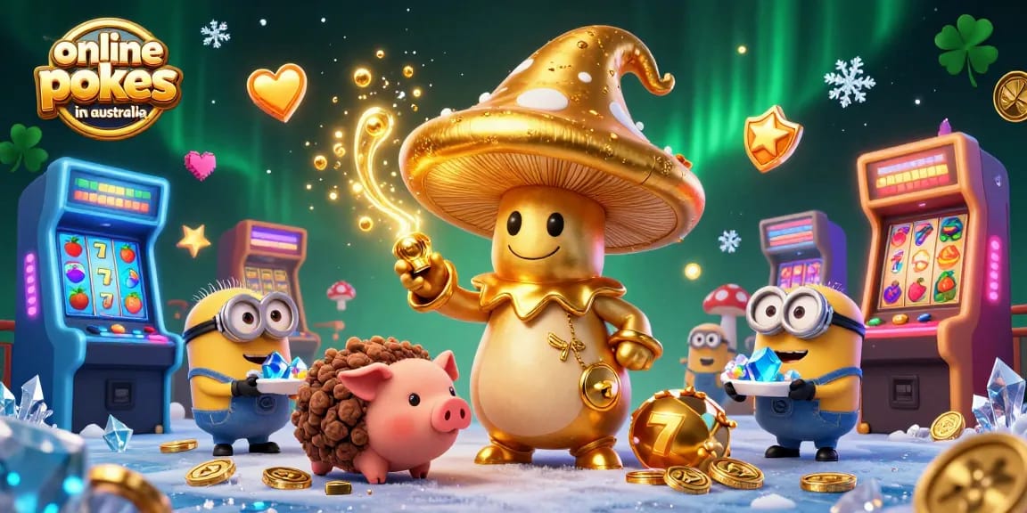 Experience online pokies in Australia with a vibrant 3D scene of a golden mushroom wizard and gaming elements.