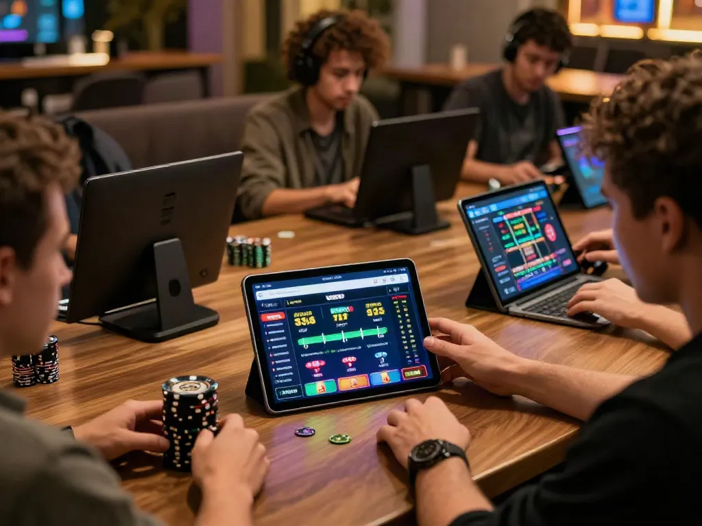 Online gambling experience at UK88, showcasing players engaged in betting activities with modern devices.