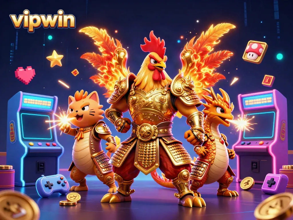 Play and win at vipwin with lively characters and vibrant gaming elements in this dynamic illustration.