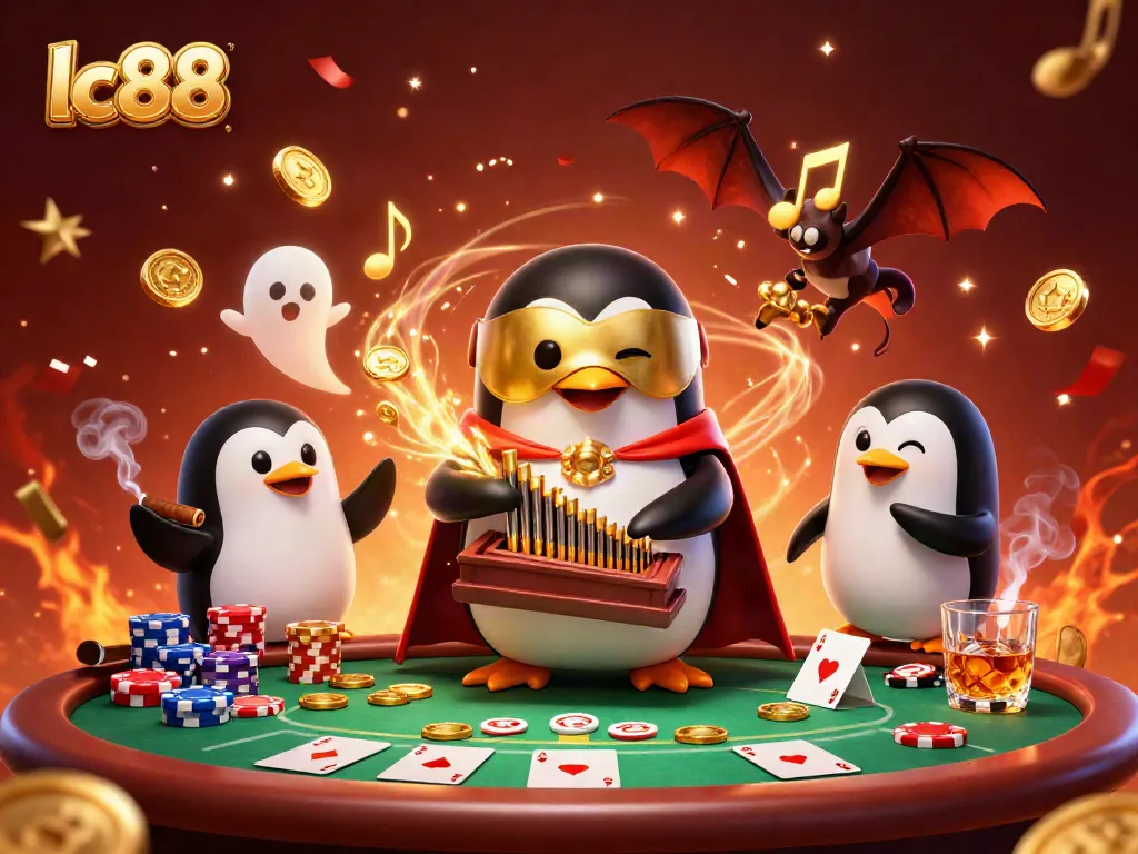 Experience the thrills of lc88, watching a penguin play captivating tunes as golden coins flow.