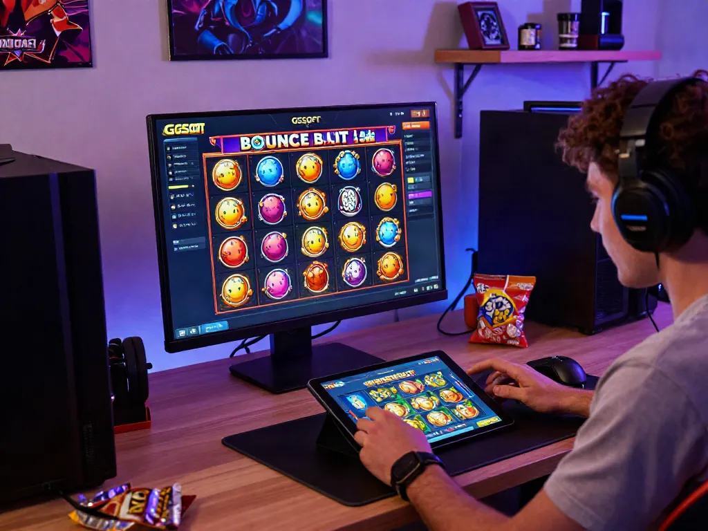 Engaging GGSOFT alternatif gameplay scene highlighting the Bounce Ball Slot Game on a tablet with colorful graphics and a modern gaming setup.