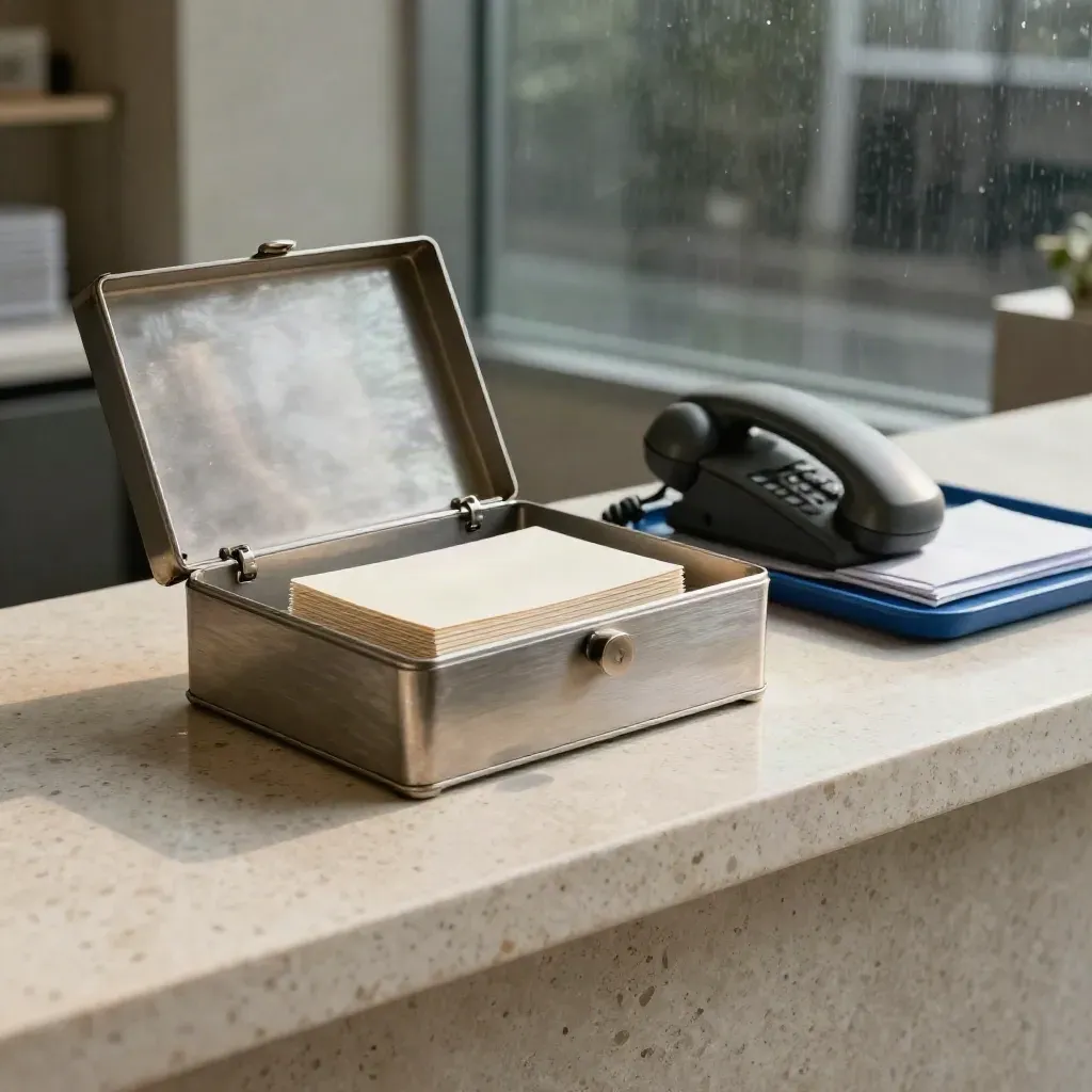 Brushed-steel rolodex box, phone handset, and envelopes on a stone counter at dawn.