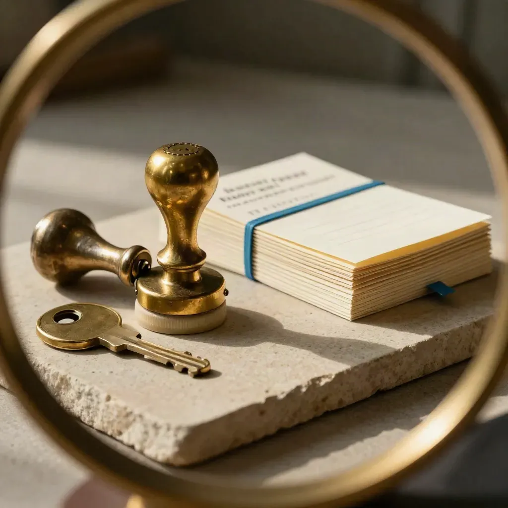 Receipt stamp, brass key ring, and folded note cards on stone with soft blue accent and dark bokeh.