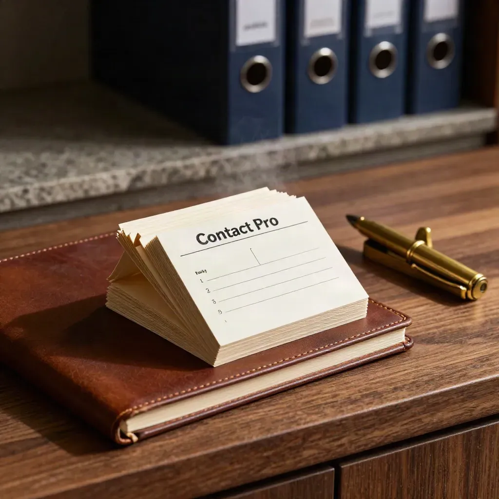 Leather sales notebook, folded contact cards and brass pen rest on walnut in moody studio light