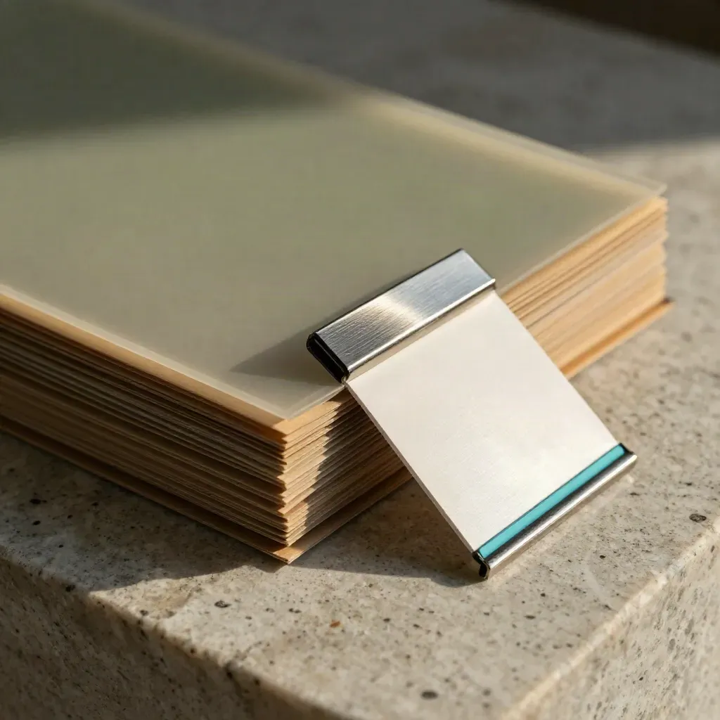 Macro still life of sample sleeves, steel clip, and address holder on stone.