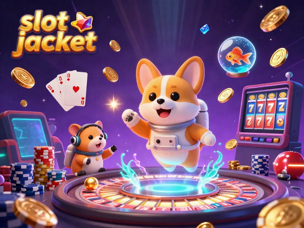 Experience a thrilling slot jackpot scene with a playful corgi in a floating casino, coins, and cards shimmering around.