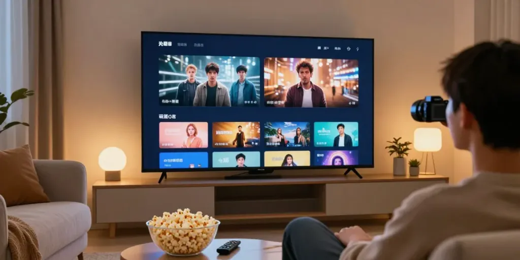 Enjoying a movie night using the movie box app on a large screen with popcorn in a cozy living room.