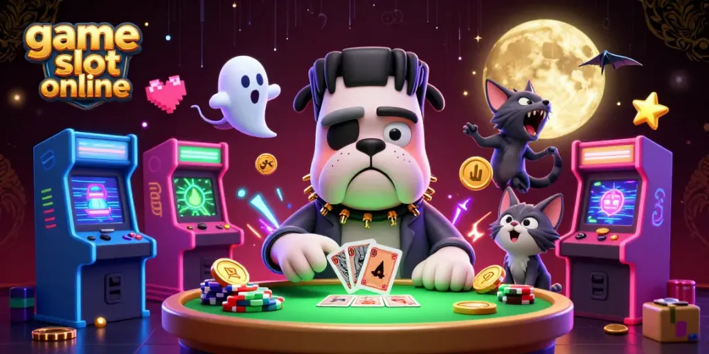 Experience the thrill of game slot online with colorful characters and dynamic gambling action in this vibrant 3D illustration.