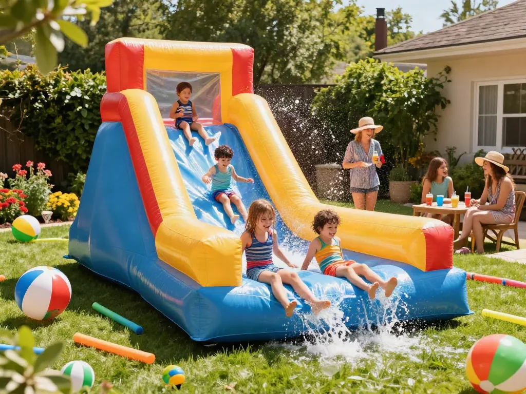 Children having fun on a water slide inflatable in a sunny backyard.